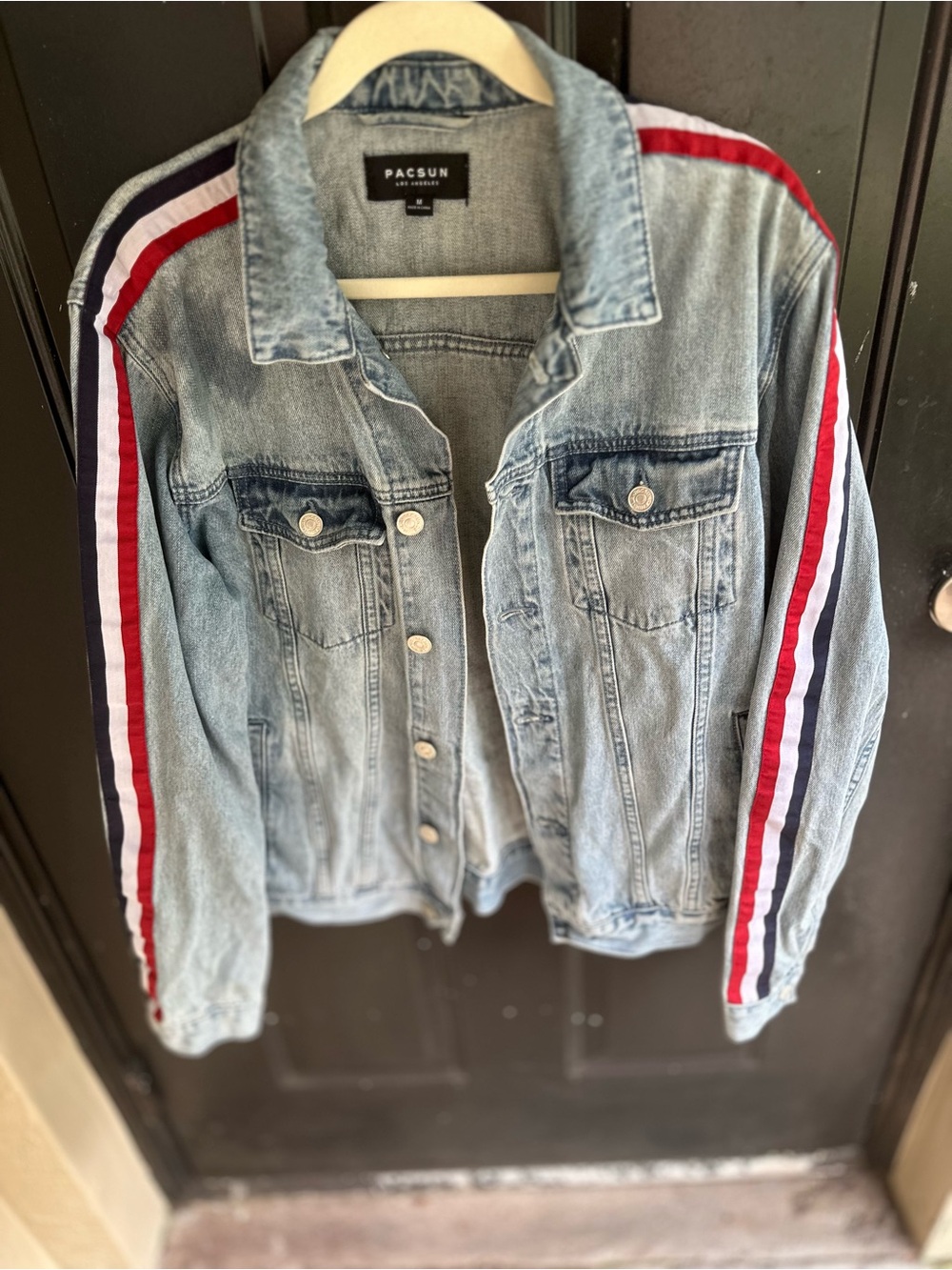 PacSun Light Wash Denim Jacket with Red, White & Navy Sleeve Stripes
